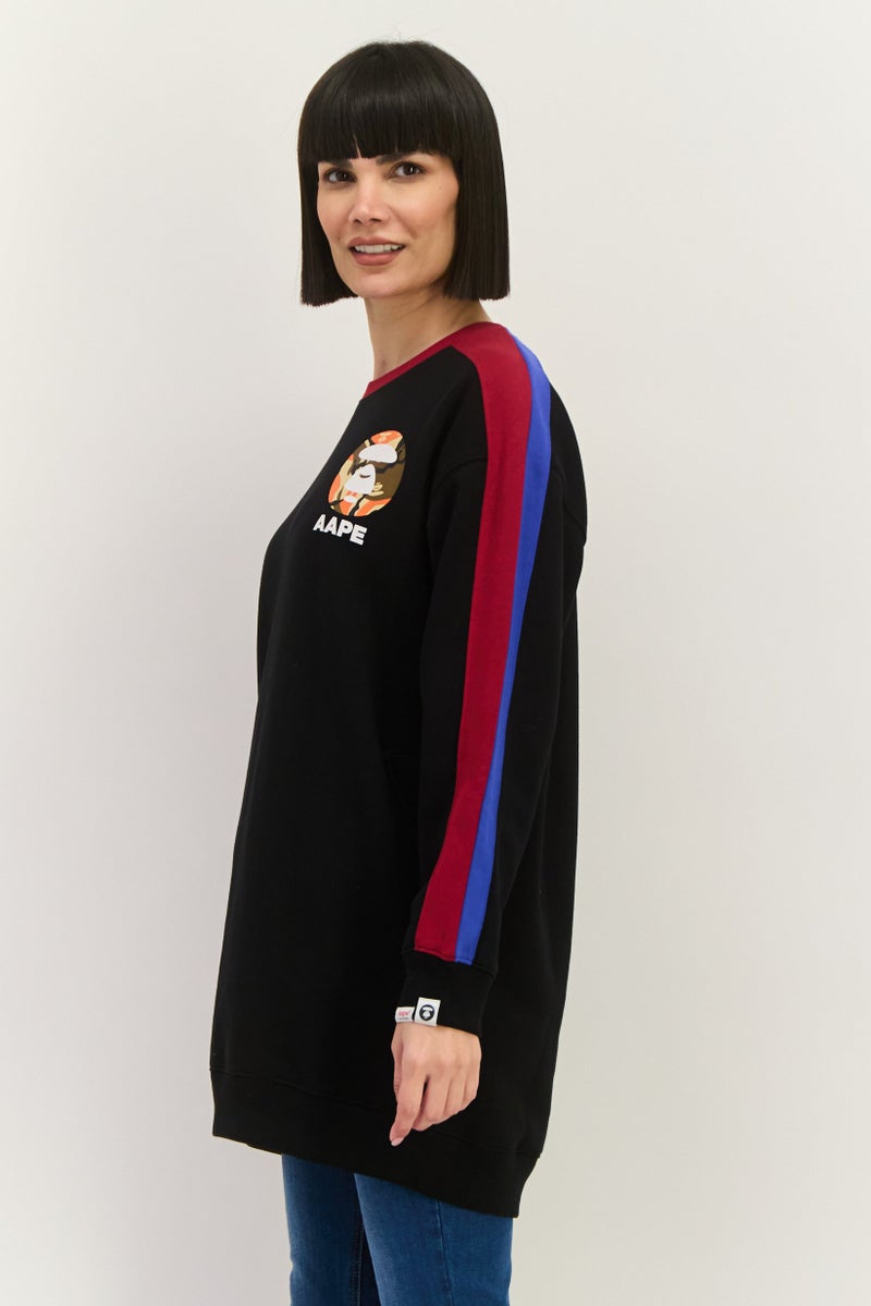 Aape By A Bathing Ape سويت شيرت نسائي بأكمام طويلة وطباعة جرافيك على شكل طاقم، مجموعة سوداء - Image 2